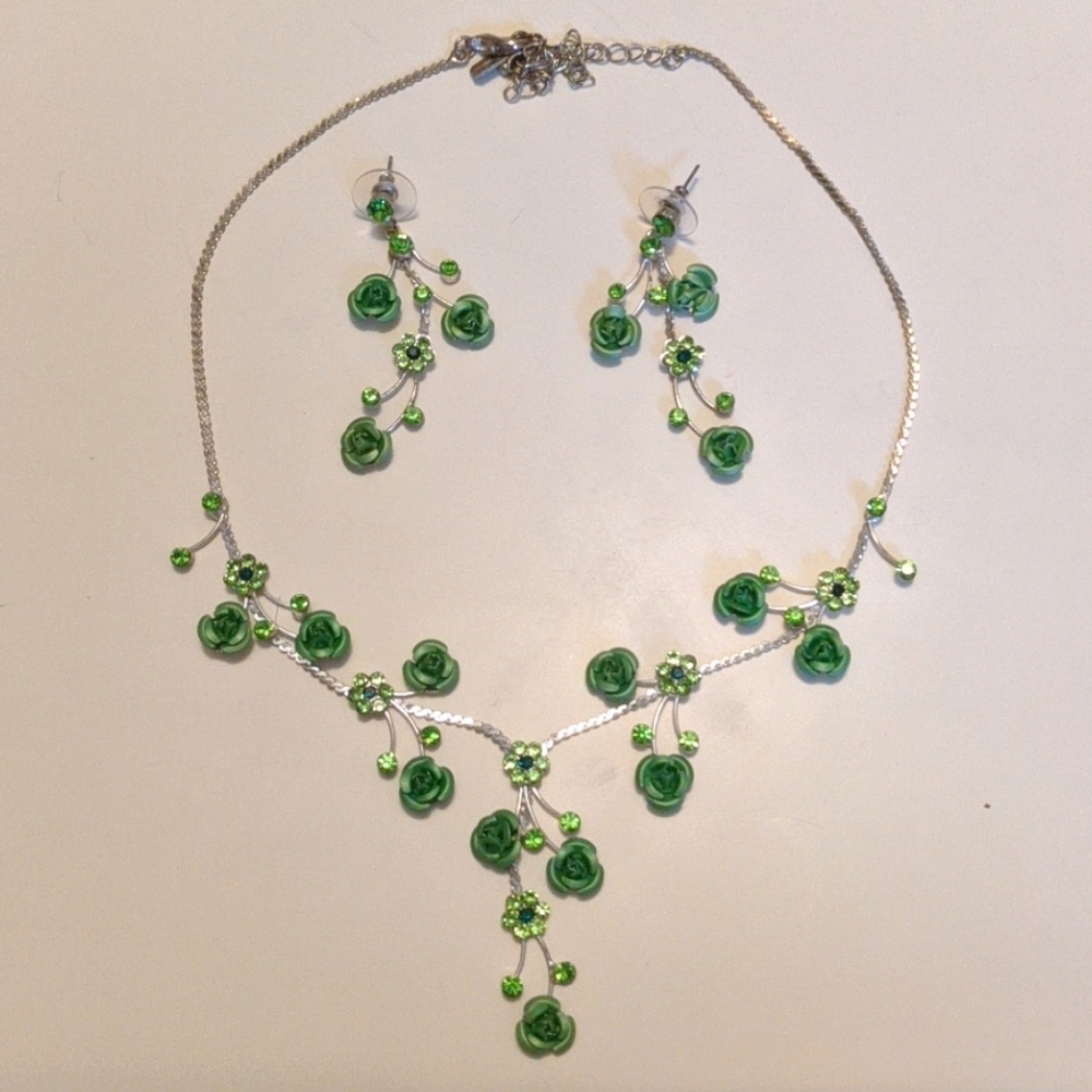 Silver and Green Rose Necklace and Earrings set